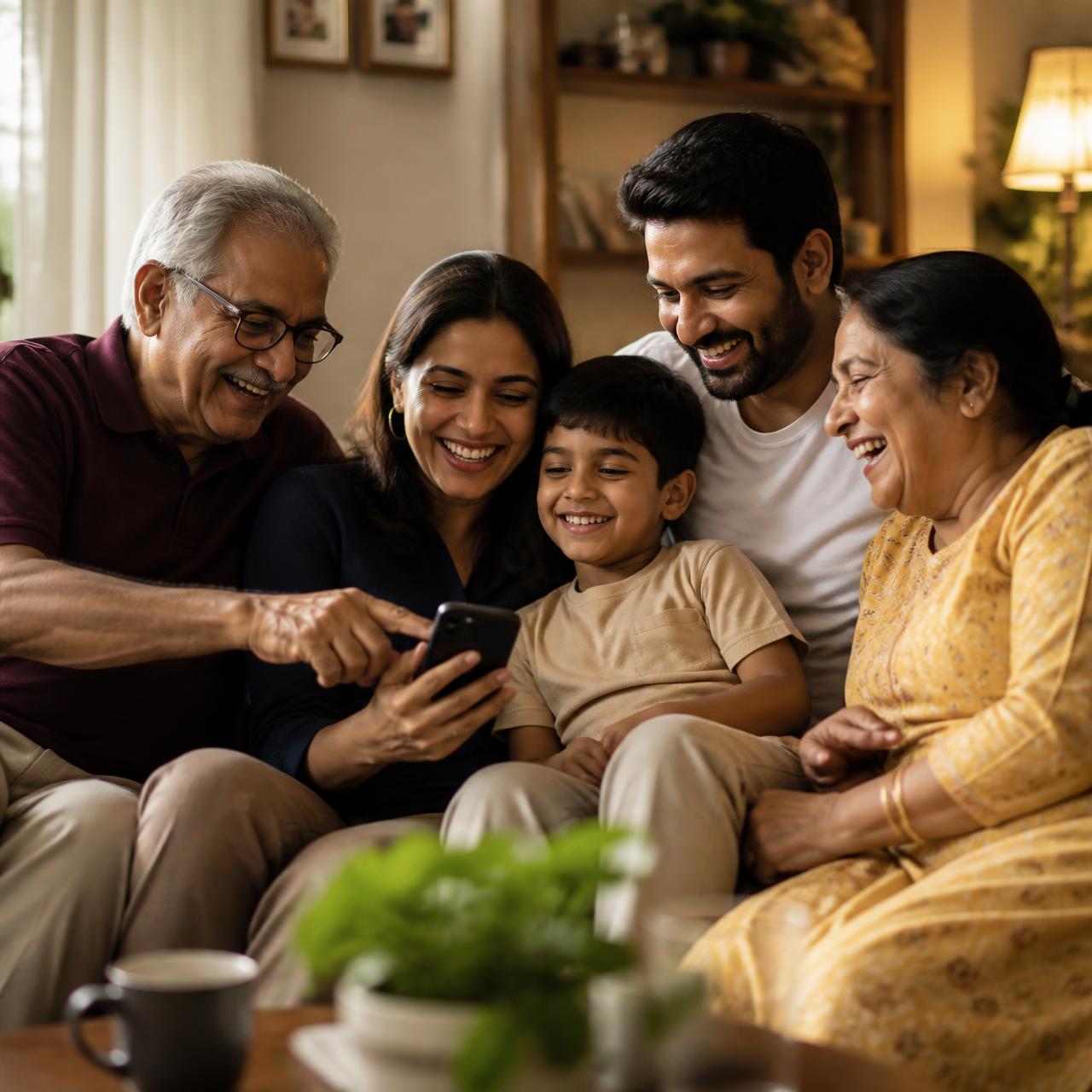 Three generations of a family laughing together while sharing a phone